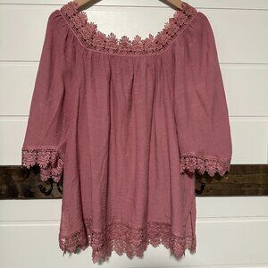 Retrology Romantic Mauve Lace Boho Peasant Top Crochet Trim Size L